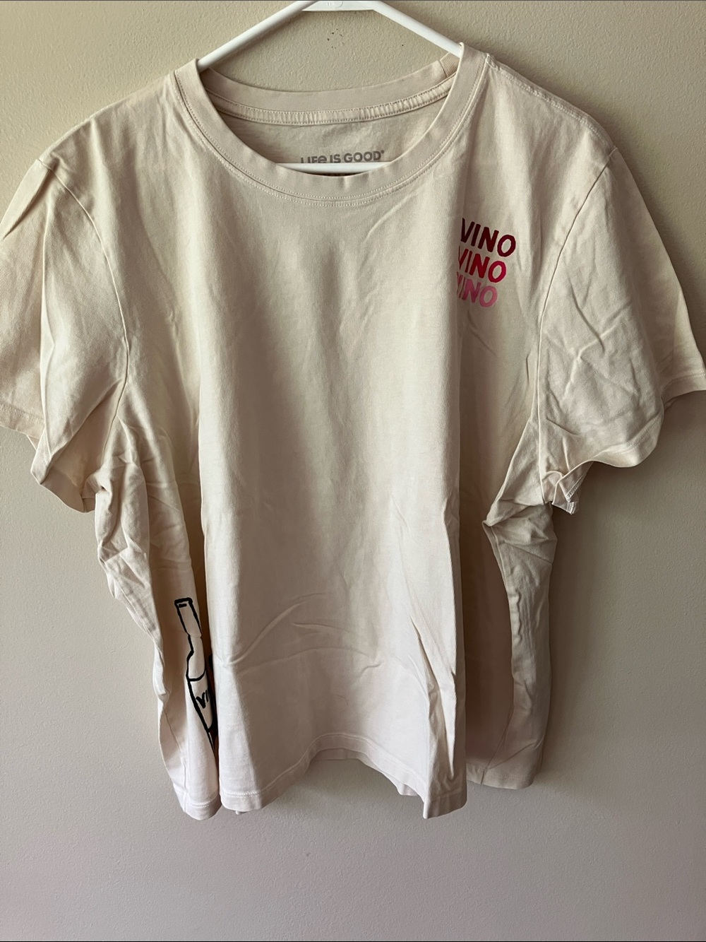 Life Is Good Cream Tee with Burgundy & Pink VINO Print XXXL